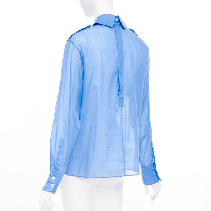 CHANEL sheer panel blue cotton double breasted epaulet button shirt FR38 M