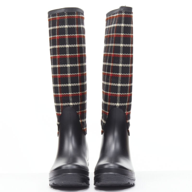 MONCLER red black plaid check black rubber wellington rain boots EU39