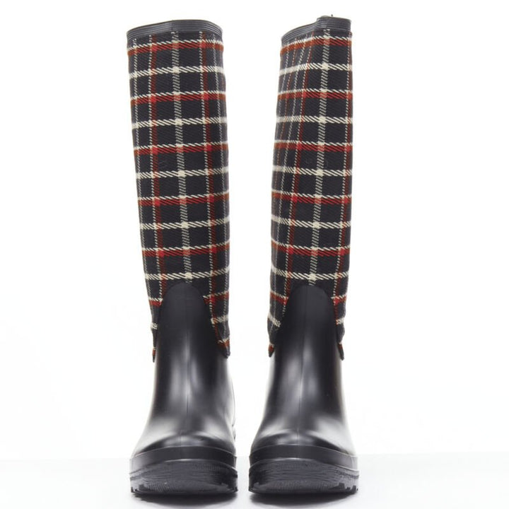 MONCLER red black plaid check black rubber wellington rain boots EU39