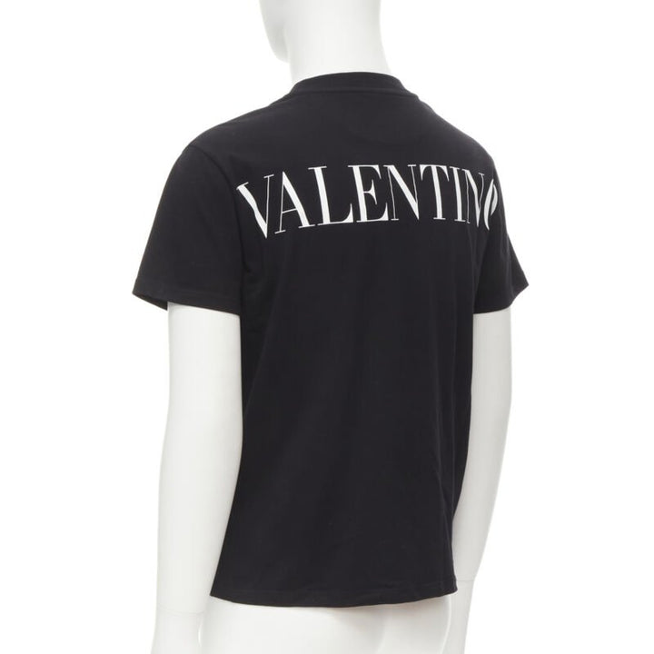 VALENTINO floral lace breast pocket white logo black cotton tshirt S