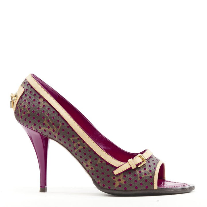 LOUIS VUITTON purple perforated monogram lockit heel peep toe heel EU36.5