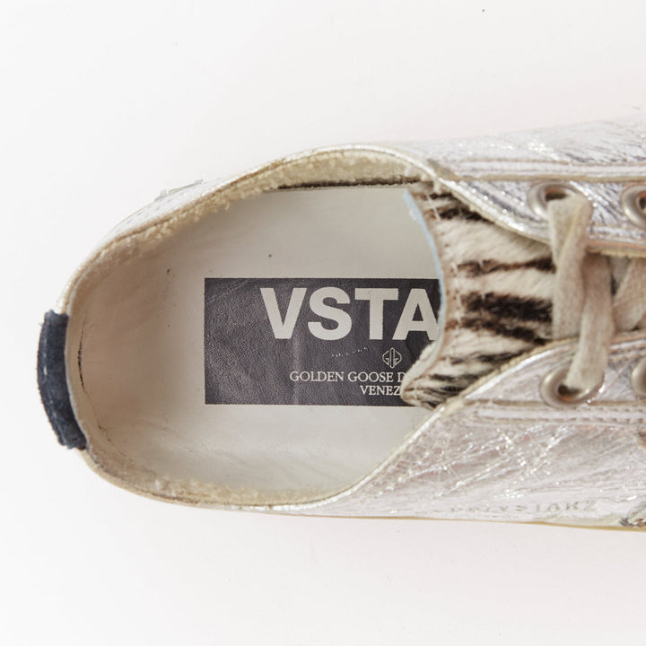 GOLDEN GOOSE May grey suede leopard calf hair silver lace distress sneakers EU37