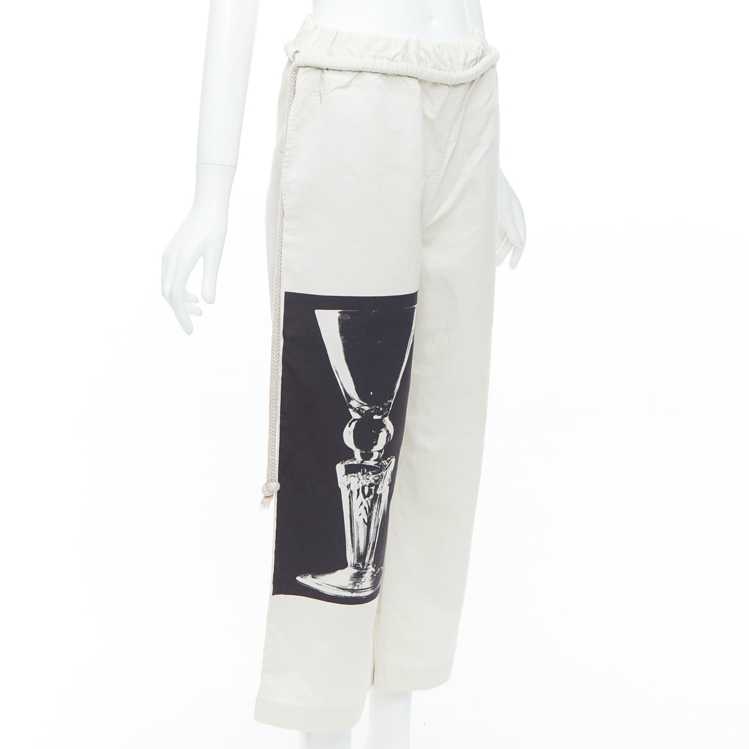 PORTS 1961 beige cotton silk glass photo print drawstring waist pants IT38 XS