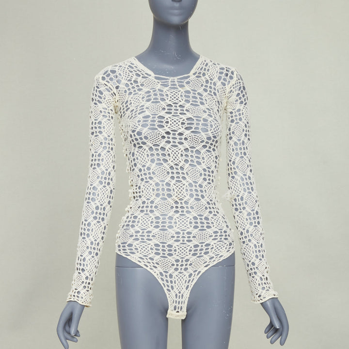 COMME DES GARCONS beige nylon braided crochet open knit mesh bodysuit leotard