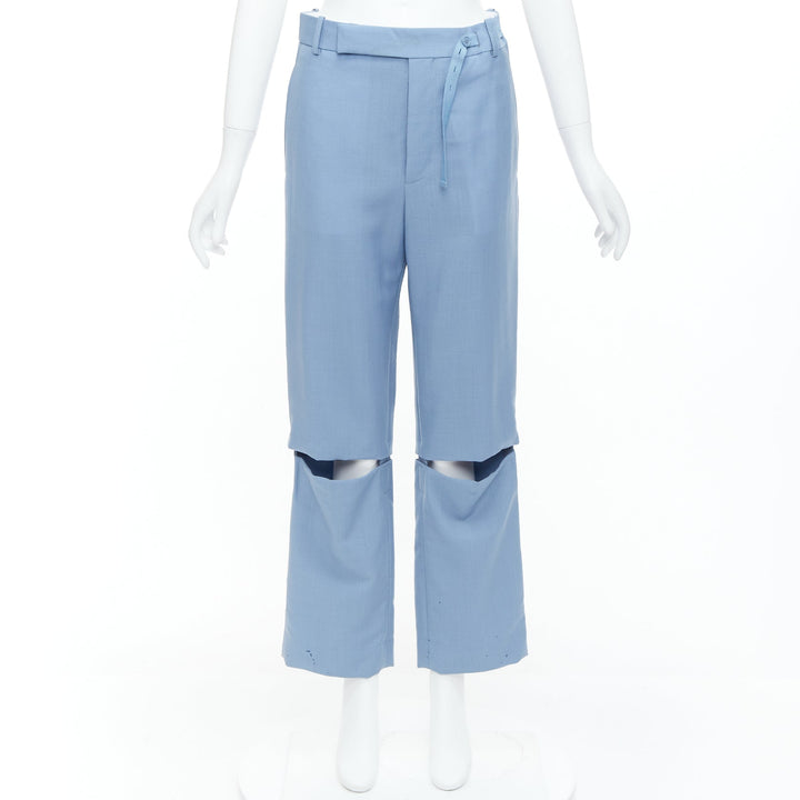 CELINE Phoebe Philo blue mohair wool knee cut out wide trousers FR36 S