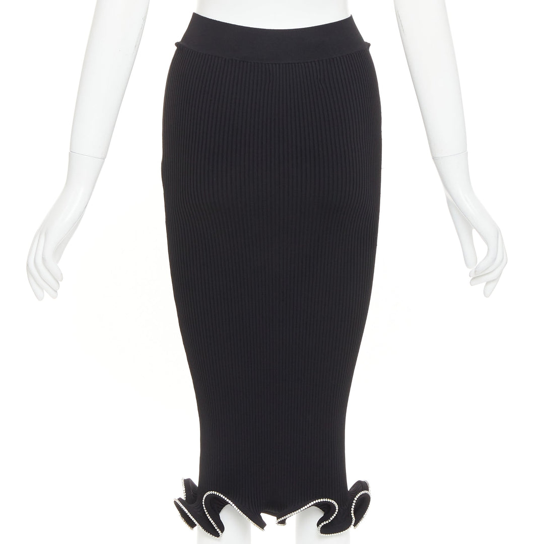 ALEXANDRE VAUTHIER black ribbed knit silver strass crystal flounce ruffle skirt