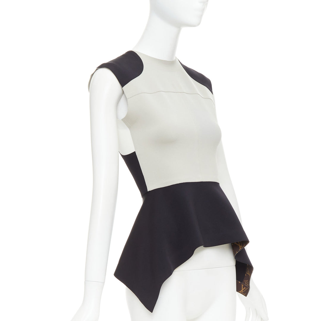LOUIS VUITTON grey black colorblocked LV canvas peplum top FR38 M