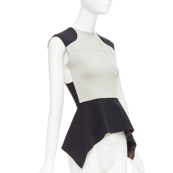 LOUIS VUITTON grey black colorblocked LV canvas peplum top FR38 M