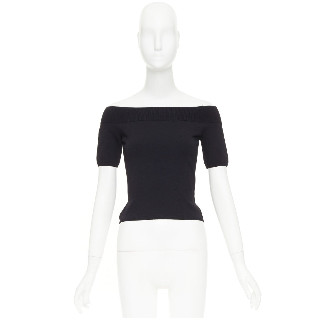 ALEXANDER MCQUEEN black off shoulder ribbed knit half sleeves cropped sweater