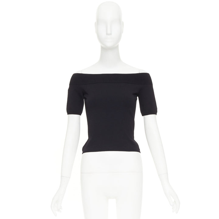 ALEXANDER MCQUEEN black off shoulder ribbed knit half sleeves cropped sweater