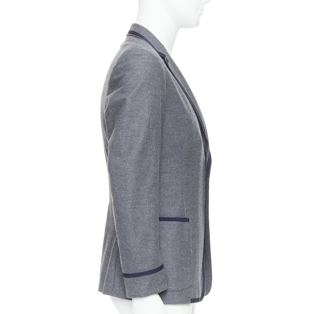 GUCCI grey wool blend navy web trim varsity emblem blazer IT52 XL