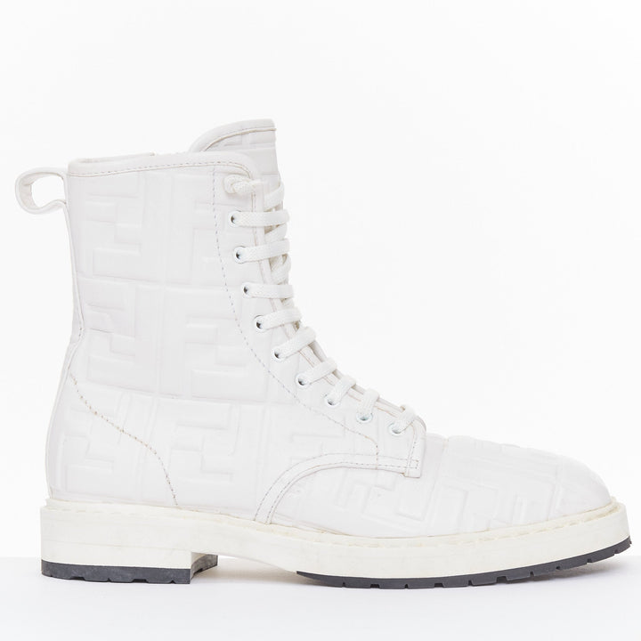 FENDI 2019 Nappa FF Embossed Karligraphy white leather lace combat boots EU38.5