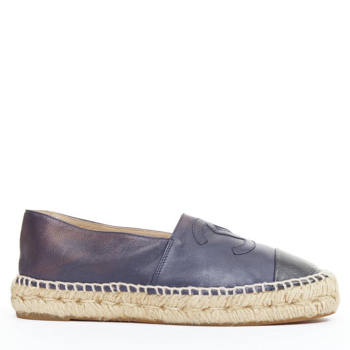 CHANEL navy lambskin leather CC logo applique jute espadrille shoes EU37