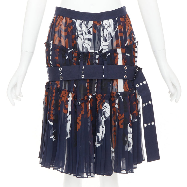 SACAI 2016 navy orange white printed pleated cotton eyelet belt skirt JP1 S