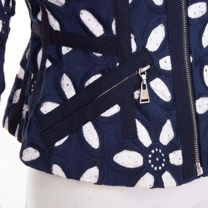 LOUIS VUITTON 2012 Runway navy floral embroidery anglais biker jacket FR38 M