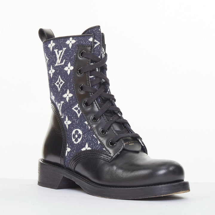 LOUIS VUITTON Metropolis Denim Monogram Flat Ranger combat boots EU38 US8