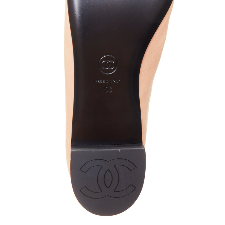 CHANEL 2024 beige lambskin leather ribbon bow CC logo mary jane flats EU40
