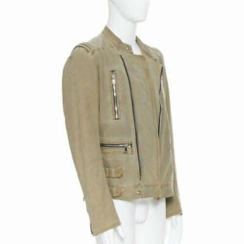 BALMAIN beige khaki washed gridwork cotton asymmetric zip biker jacket L