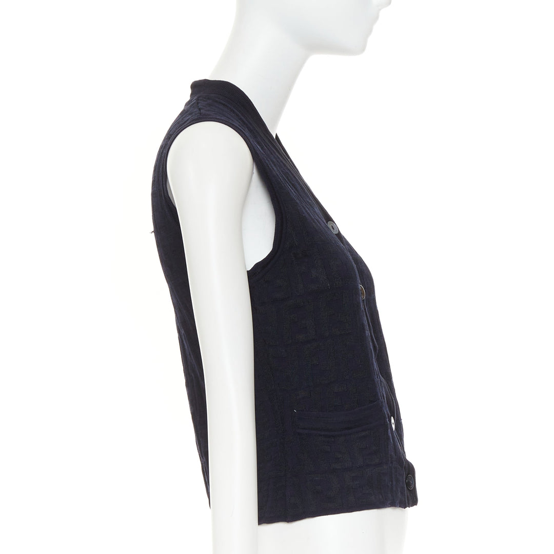 FENDI 1990s Maglia Vintage black navy FF Zucca monogram knit vest top IT40 S