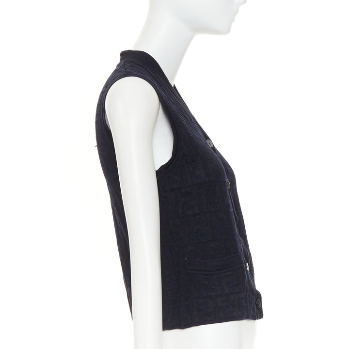 FENDI 1990s Maglia Vintage black navy FF Zucca monogram knit vest top IT40 S