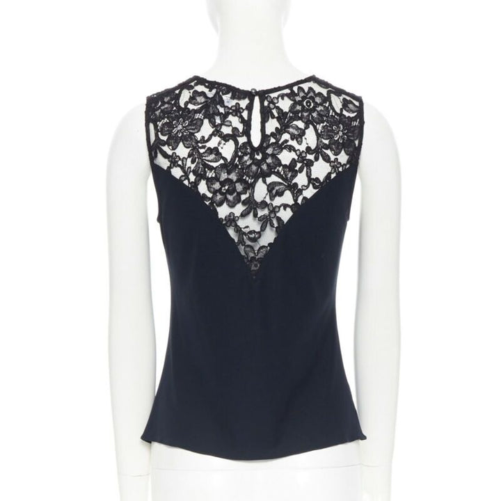 CHANEL navy blue 100% cotton illusion neckline black lace sleeveless top FR36