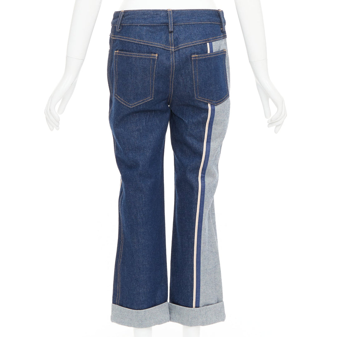 MONSE dark light blue reversed deconstructed patchwork flare cropped jeans US2 S