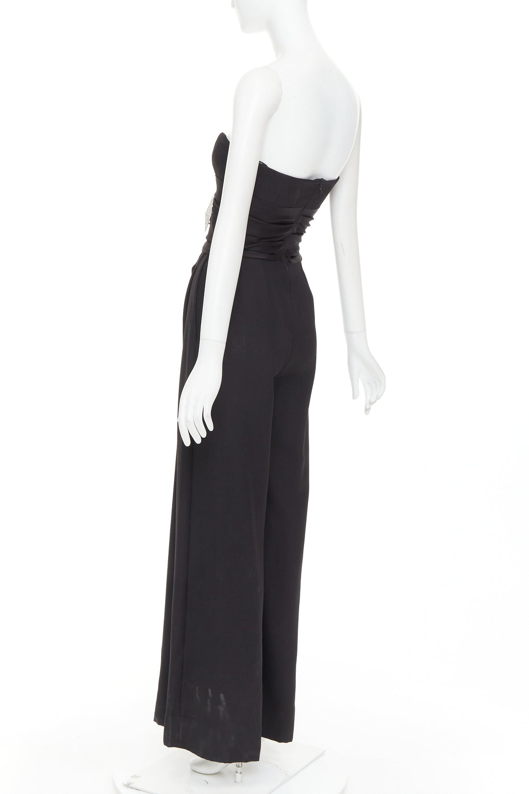 ALEXANDRE VAUTHIER COUTURE black crystal pave brooch strapless wide leg jumpsuit