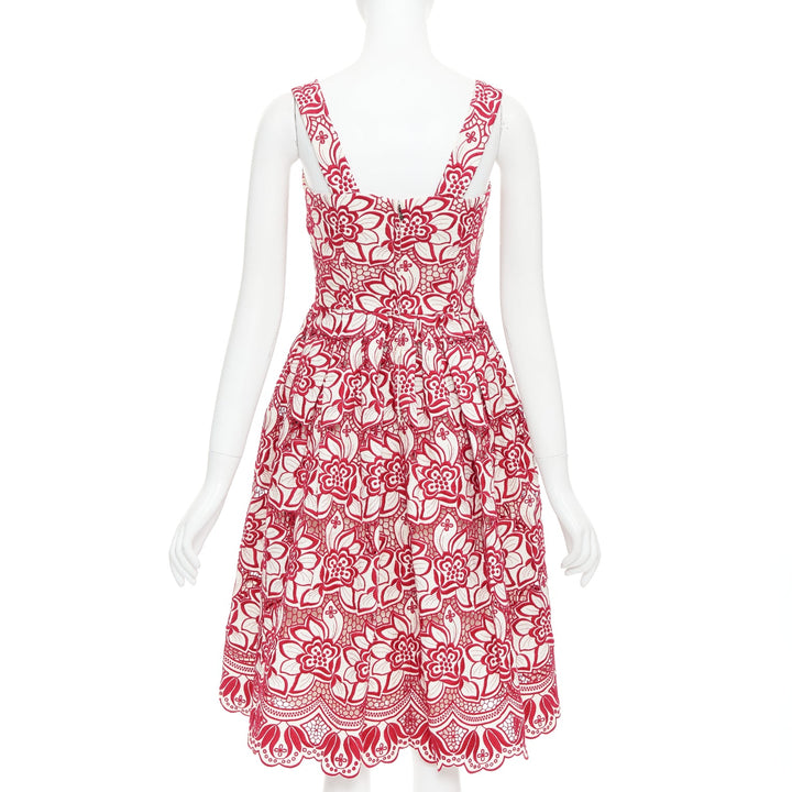 DOLCE GABBANA 2021 red cream floral embroidery anglais flared sun dress IT38 XS