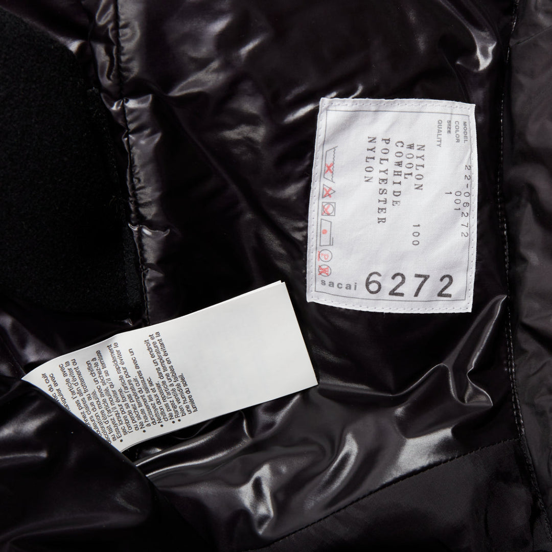 SACAI 2022 Hybrid black melton wool leather trim padded puffer trench coat JP1 S