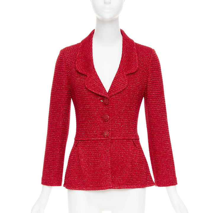 ST JOHN COUTURE red metallic tweed knit crystal buttons peplum blazer US6 M