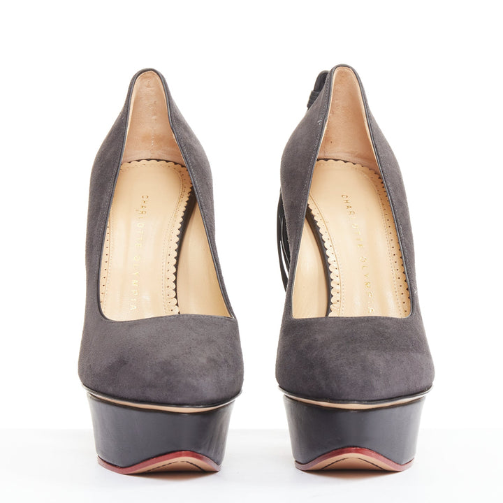CHARLOTTE OLYMPIA Dark Horse tassel tail grey suede platform pumps EU37.5