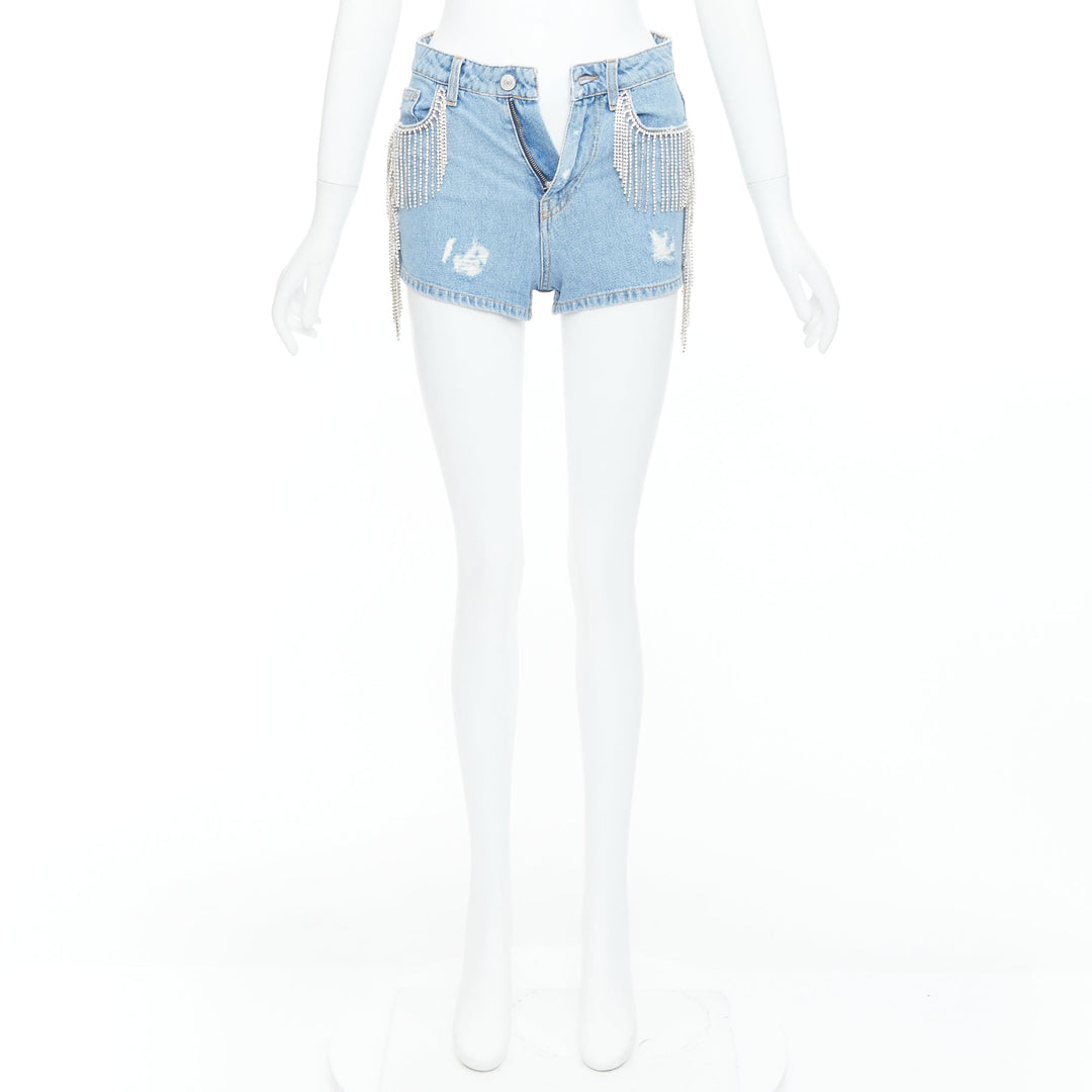 CHIARA FERRAGNI blue crystal fringe distressed denim short shorts XS