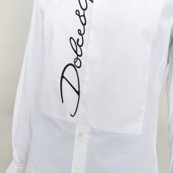 DOLCE GABBANA Sicilia white cotton black logo pleat sleeves shirt EU37 XS