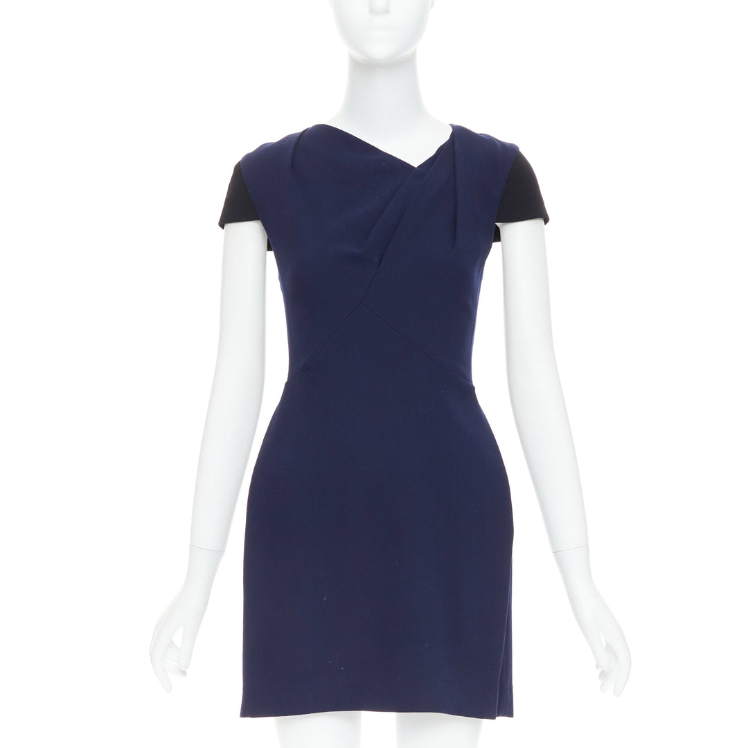 ROLAND MOURET navy blue wool blend cap sleeve asymmetric shift dress UK6 XS ROLAND MOURET navy blue wool blend cap sleeve asymmetric shift dress UK6 XS