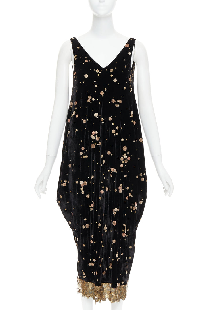 SABYASACHI black velvet gold floral applique sequins drape V neck dress S