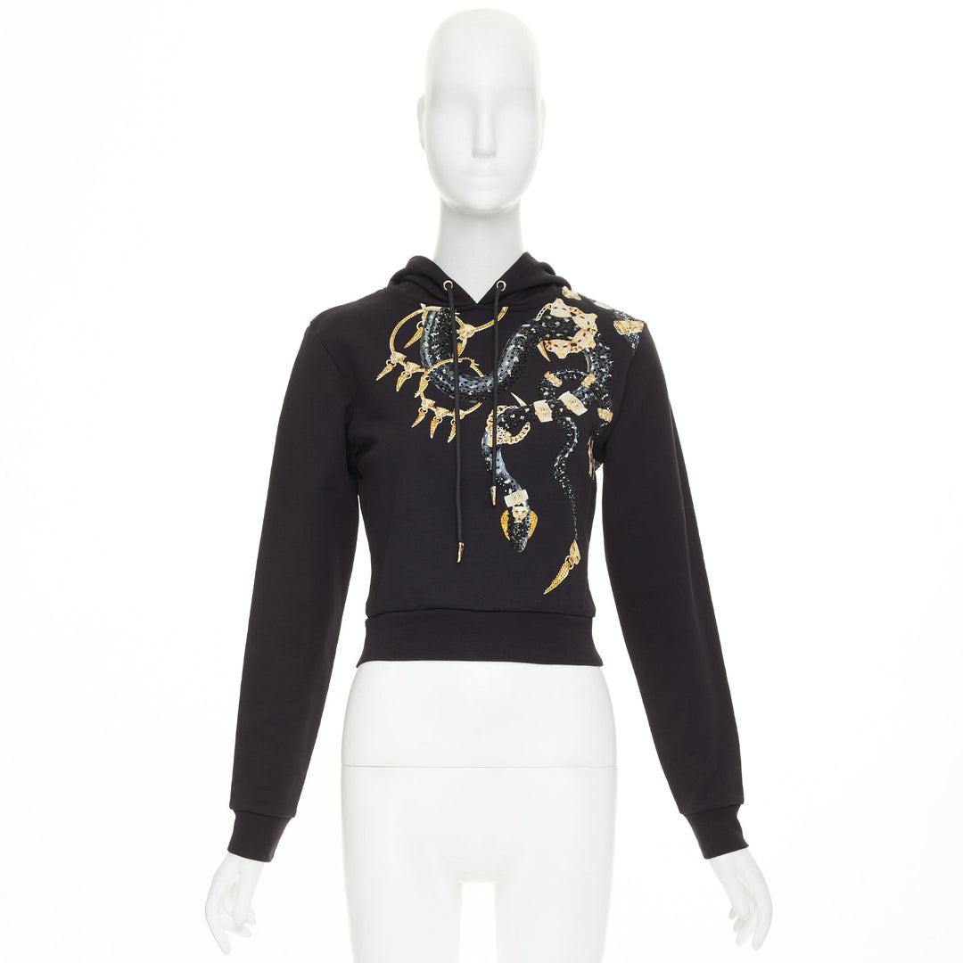ROBERTO CAVALLI Snake And Logo-Print black cotton crystal embellished hoodie XS