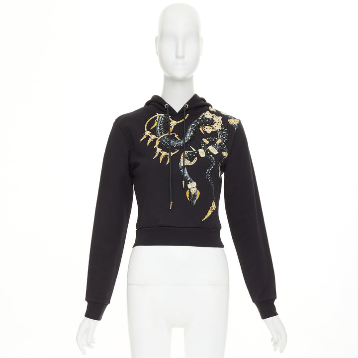 ROBERTO CAVALLI Snake And Logo-Print black cotton crystal embellished hoodie XS