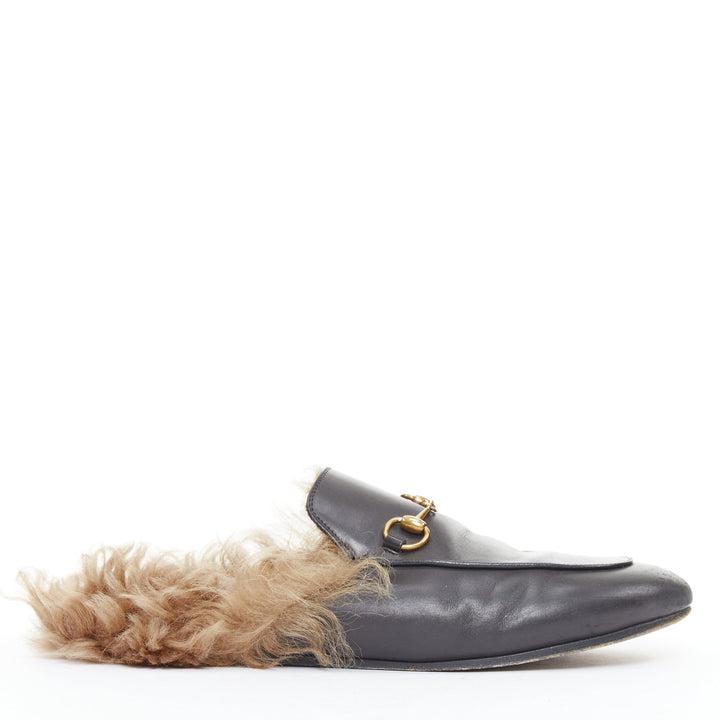 GUCCI Princetown brown fur lined black leather mule loafer EU38