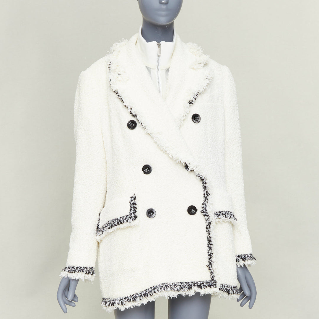 SACAI 2023 Runway double breasted tweed fringed off white winter outerwear JP1 S