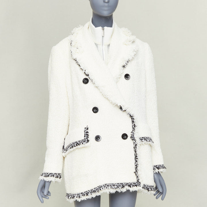 SACAI 2023 Runway double breasted tweed fringed off white winter outerwear JP1 S
