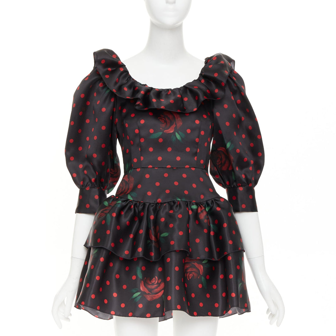 ALESSANDRA RICH 2019 Polka Dot Rose Print silk ruffled puff sleeve dress IT38 XS