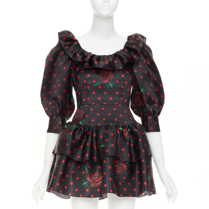 ALESSANDRA RICH 2019 Polka Dot Rose Print silk ruffled puff sleeve dress IT38 XS