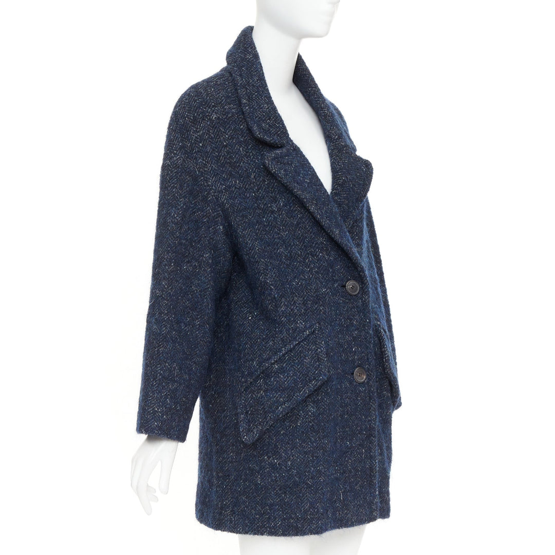 ISABEL MARANT ETOILE 2017 Osbert navy herringbone tweed collared coat FR36 S
