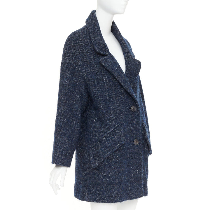 ISABEL MARANT ETOILE 2017 Osbert navy herringbone tweed collared coat FR36 S