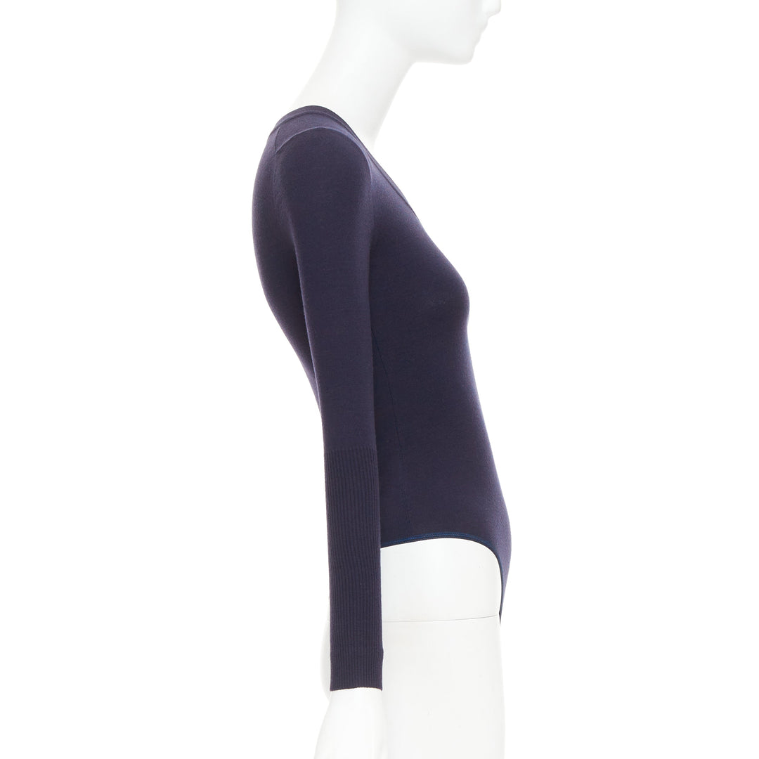 ALAIA navy virgin wool blend v-neck bodysuit sweater leotard top FR36 S
