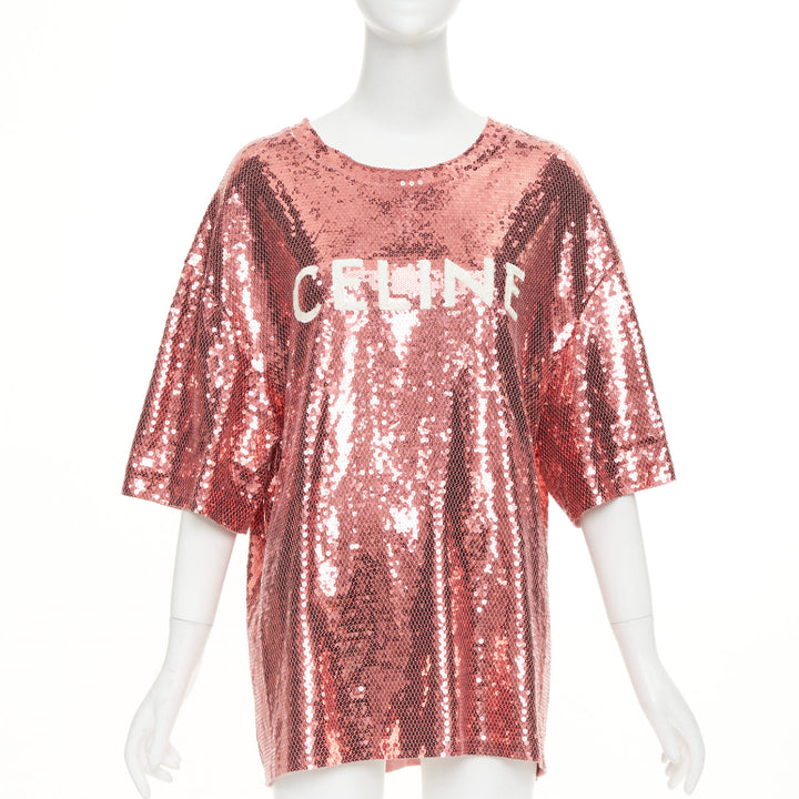 CELINE 2022 Runway rose pink white sequin logo oversized jersey tshirt M