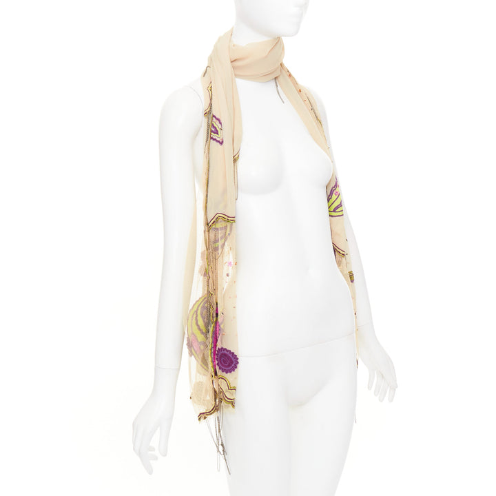 ETRO nude mesh green purple embroidered embellished beaded chain scarf