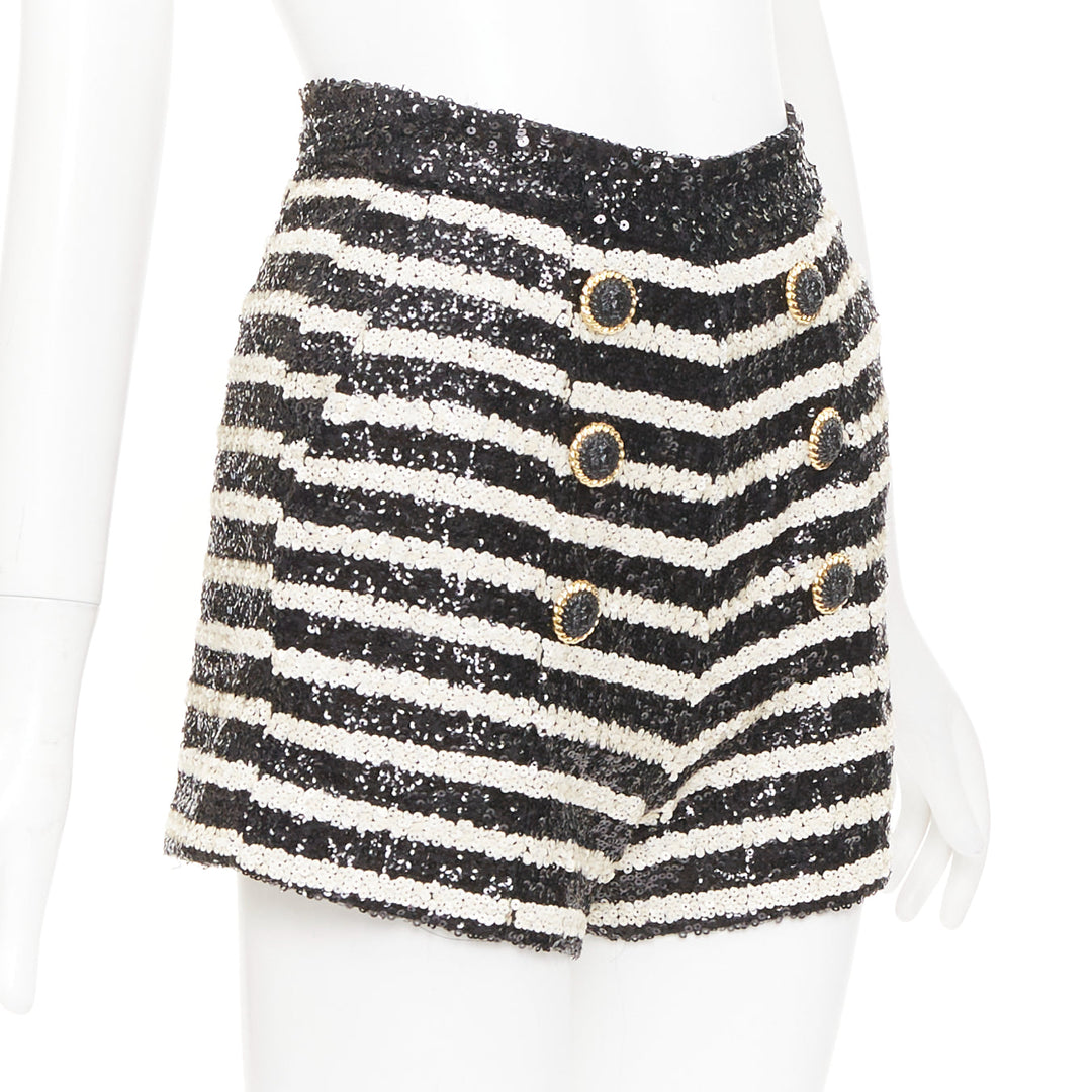 BALMAIN 2024 stripe sequin gold lion button high waist hot shorts FR34 XS
