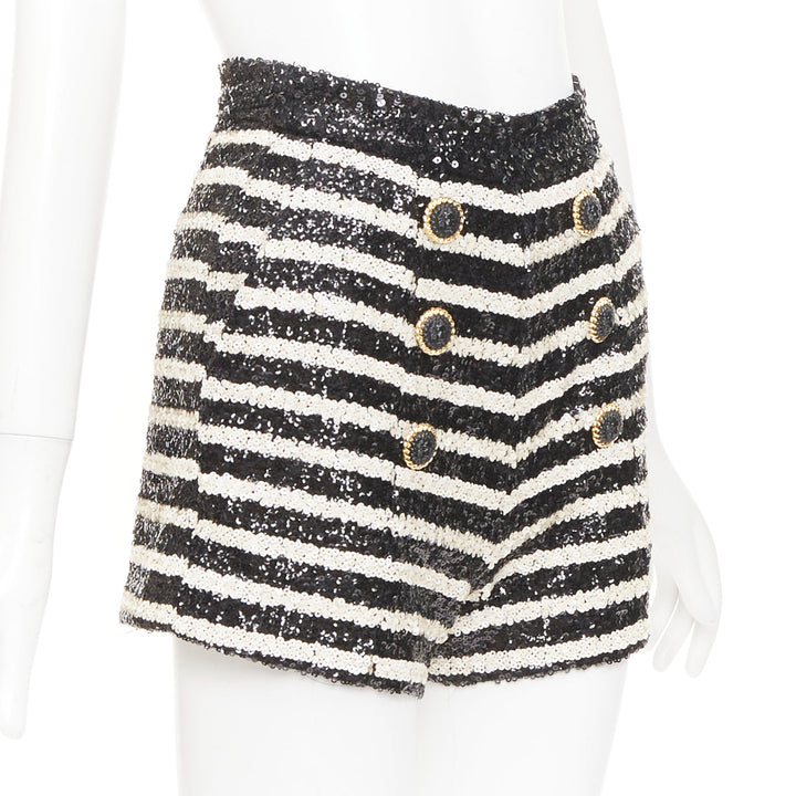 BALMAIN 2024 stripe sequin gold lion button high waist hot shorts FR34 XS