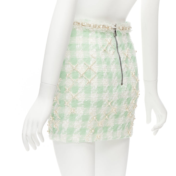 BALMAIN 2023 green white tweed pearl embellished preppy mini skirt FR34 XS